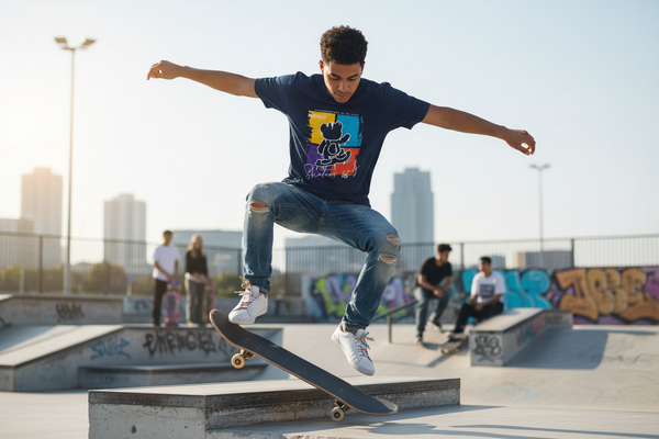 Skateboarder wearing bear graphic t-shirt at skate park lifestyle fashion skateboard culture