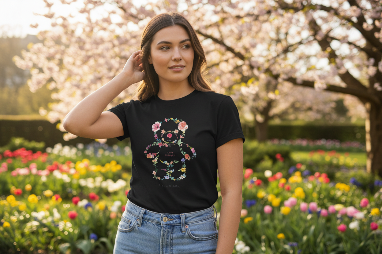 Person wearing spring bear bloom floral graphic t-shirt outdoors with flowers seasonal fashion