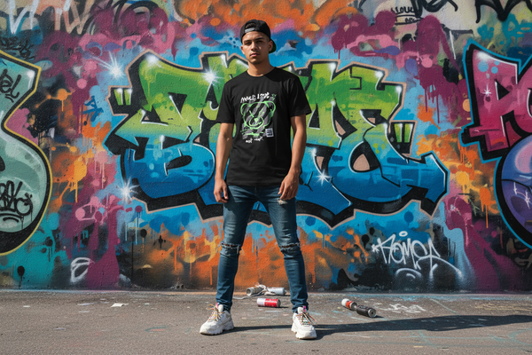 Person wearing neon bear street art graphic t-shirt in front of graffiti wall urban streetwear fashion