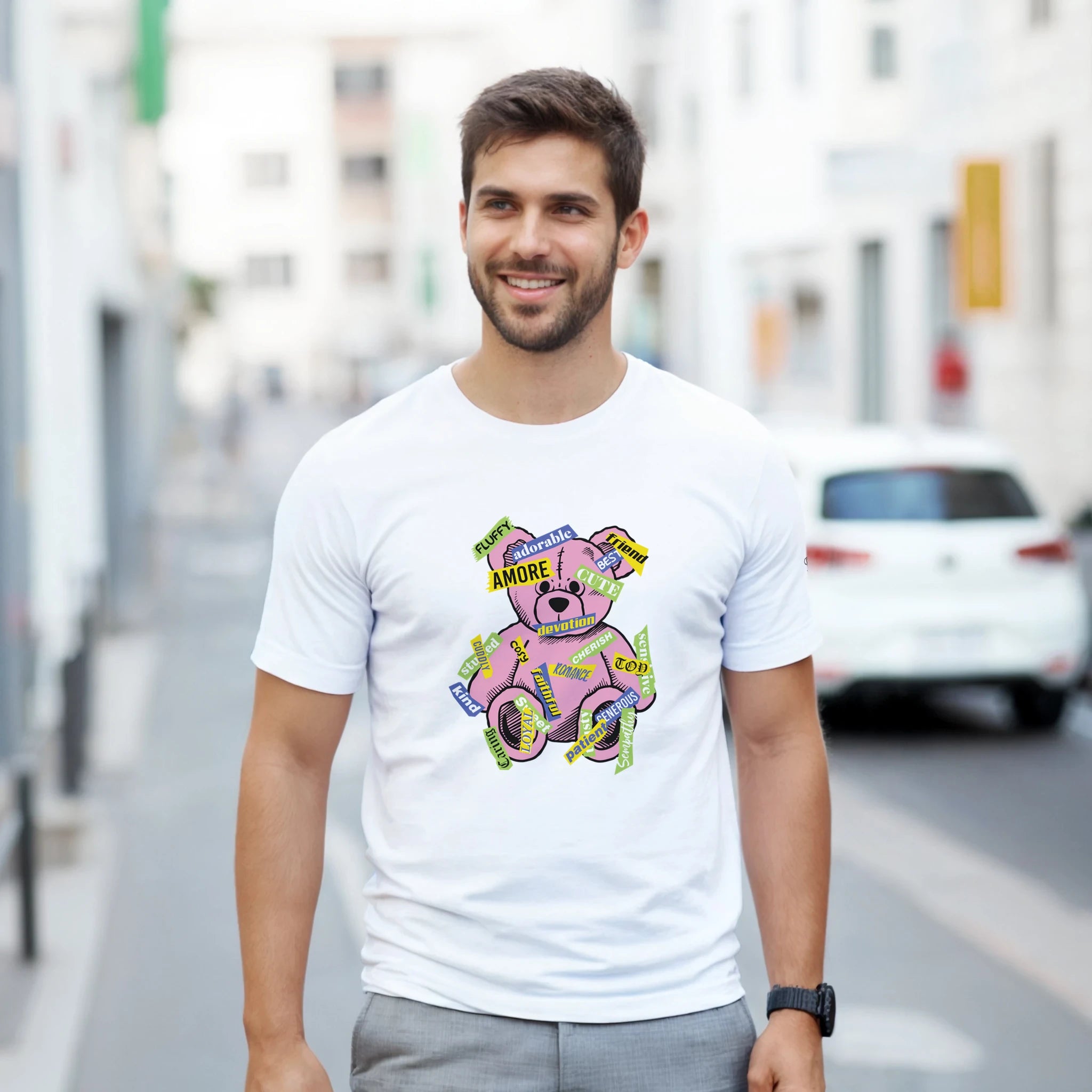 Amore love bear crewneck tee on [color] heavyweight cotton